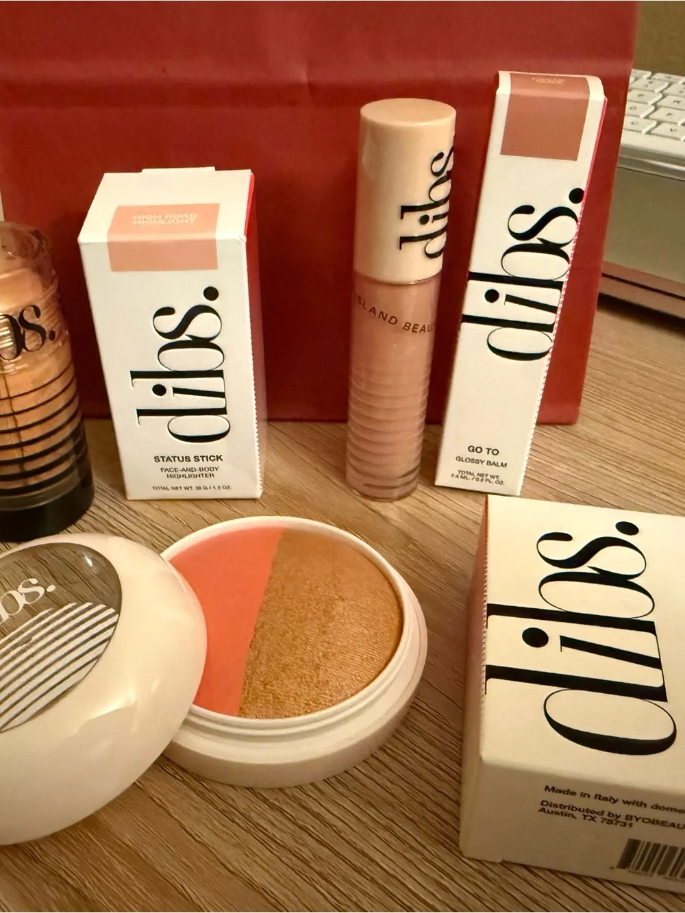 Dibs. Beauty Bundle Duet Baked Blush, Status Stick Highlight, Go to Glossy Balm